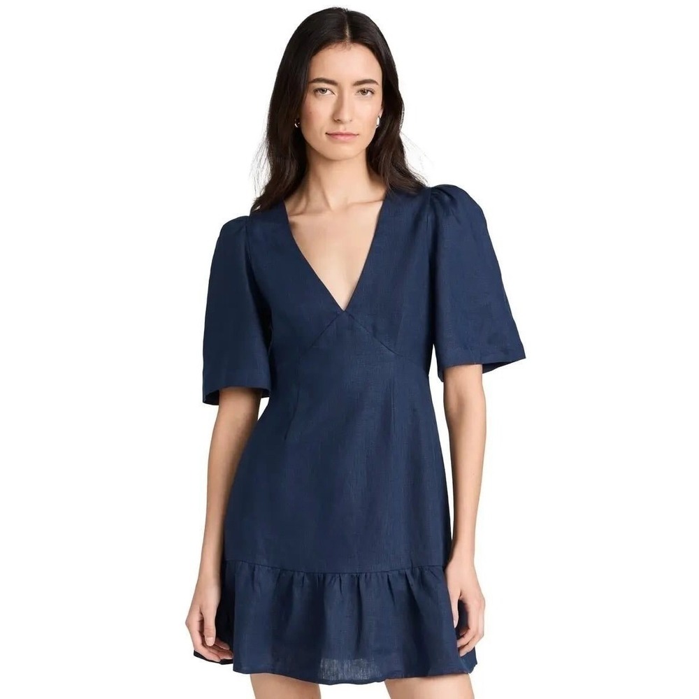 Rhode Linen Mini Dress Womens Size 4 Navy Blue Milkmaid Babydoll Minimalist